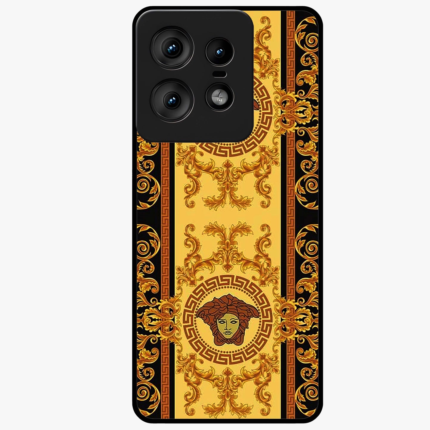 Golden Royal Heritage Glass Case showing flat back view with ornate royal pattern artwork and glossy glass finish.