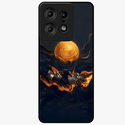 Golden Stallion Moonride Glass Case showing flat back view with majestic horse under moonlight artwork and glossy glass finish.