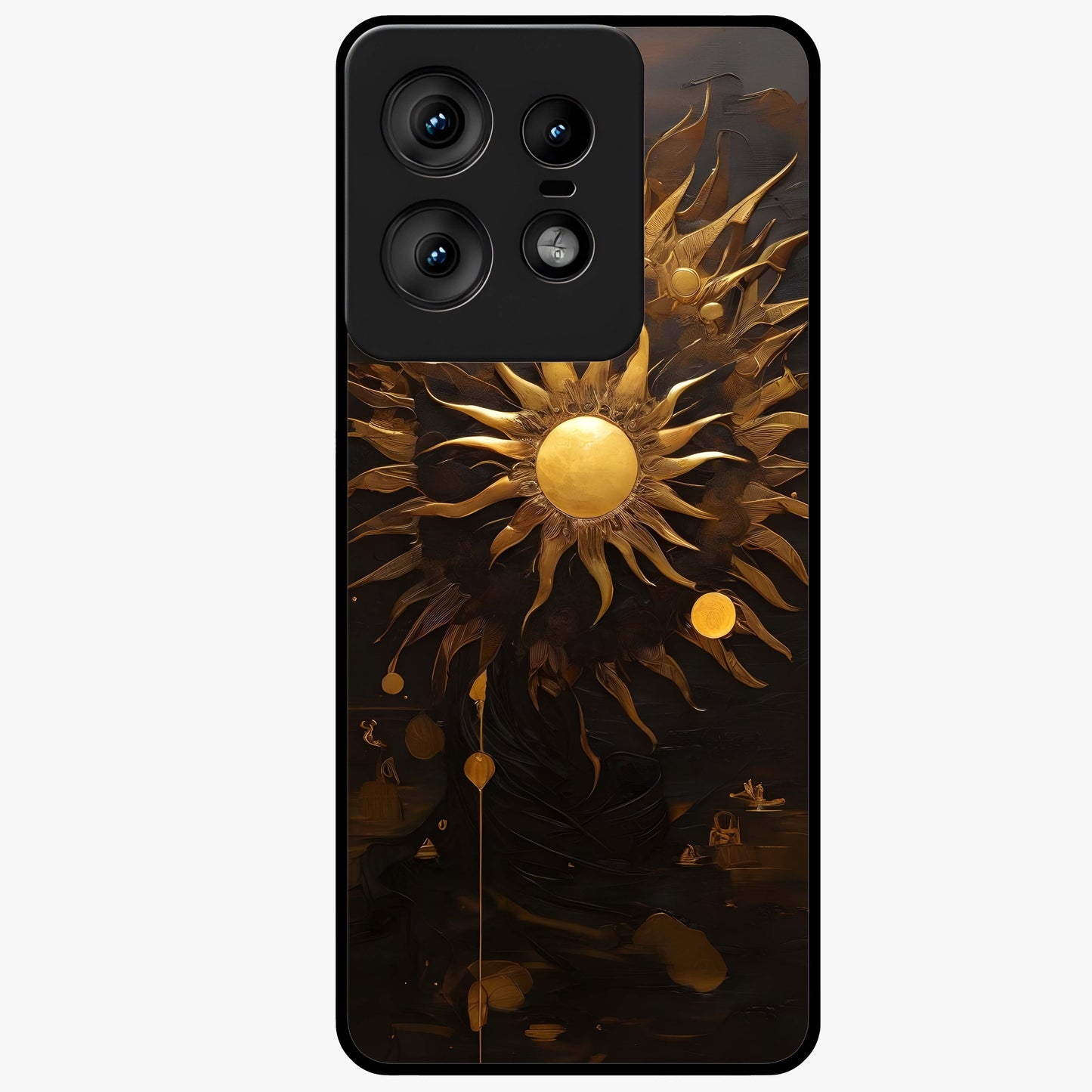 Golden Sun Majesty Glass Case showing flat back view with radiant golden sun artwork and glossy glass finish.