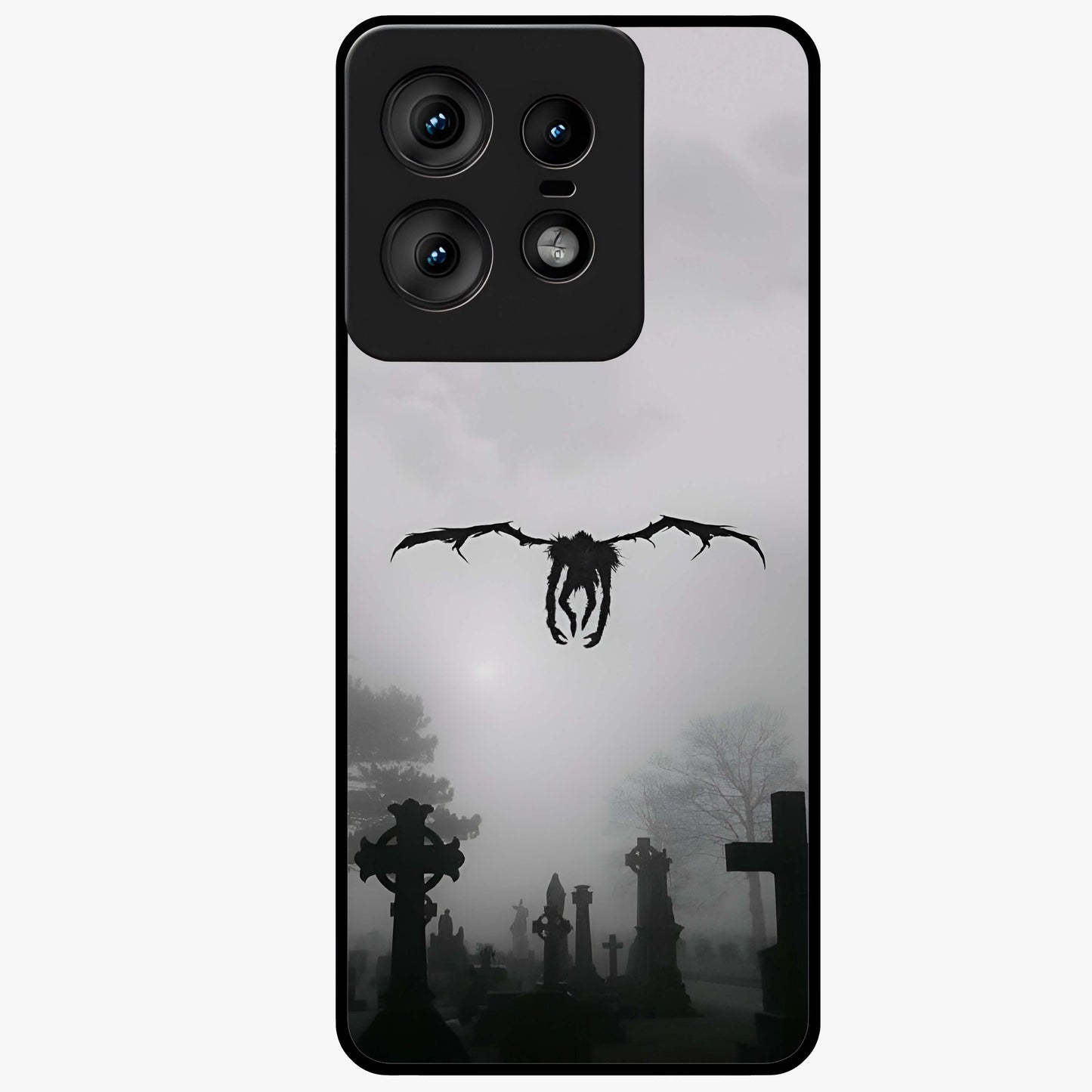 Graveyard Shadow Descent Glass Case showing flat back view with dark graveyard themed artwork and glossy glass finish.