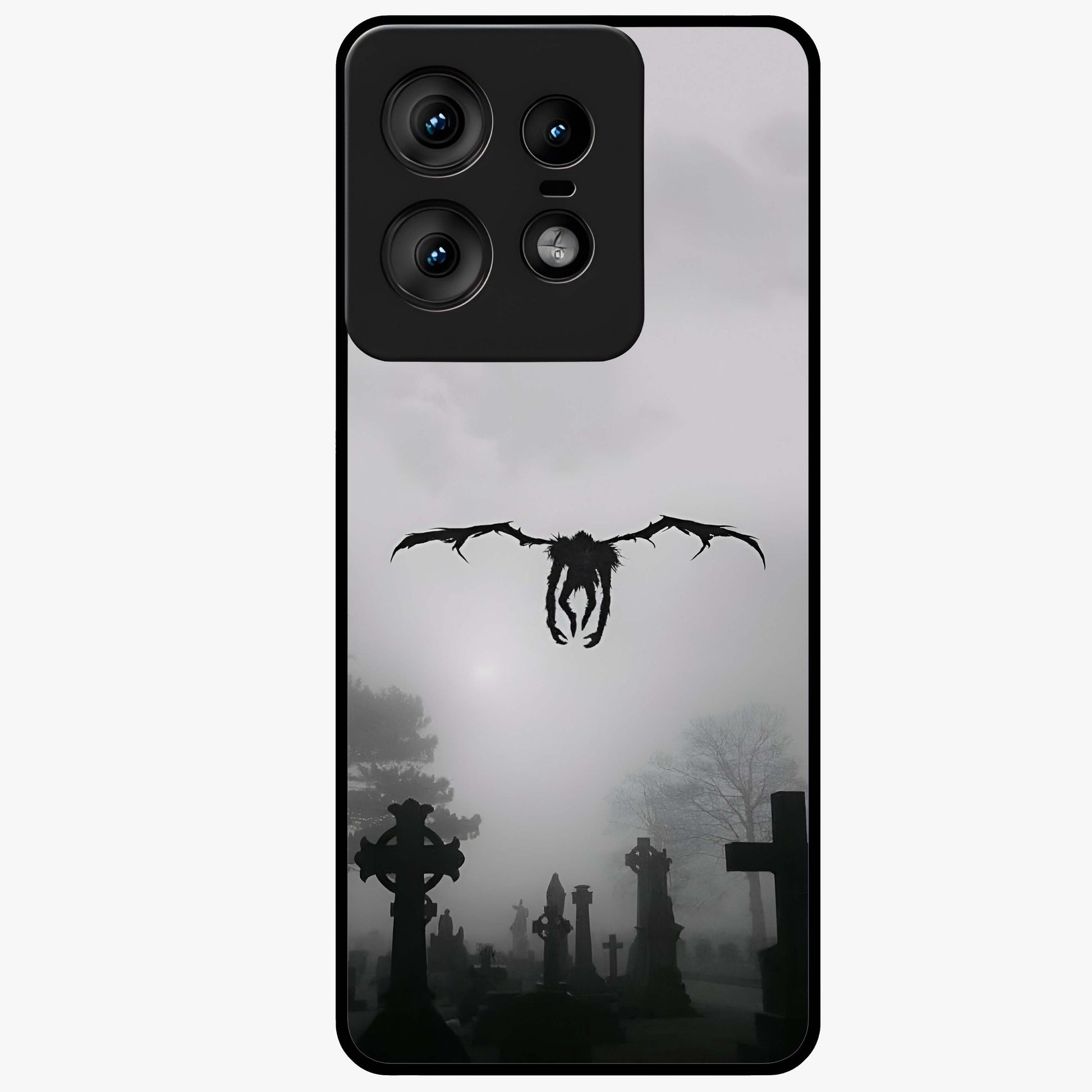 Graveyard Shadow Descent Glass Case showing flat back view with dark graveyard themed artwork and glossy glass finish.
