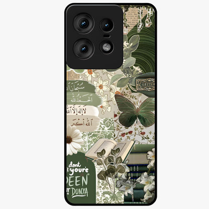 Green Islamic Books Quotes Glass Case showing flat back view with Islamic quotes and book themed artwork and glossy glass finish.