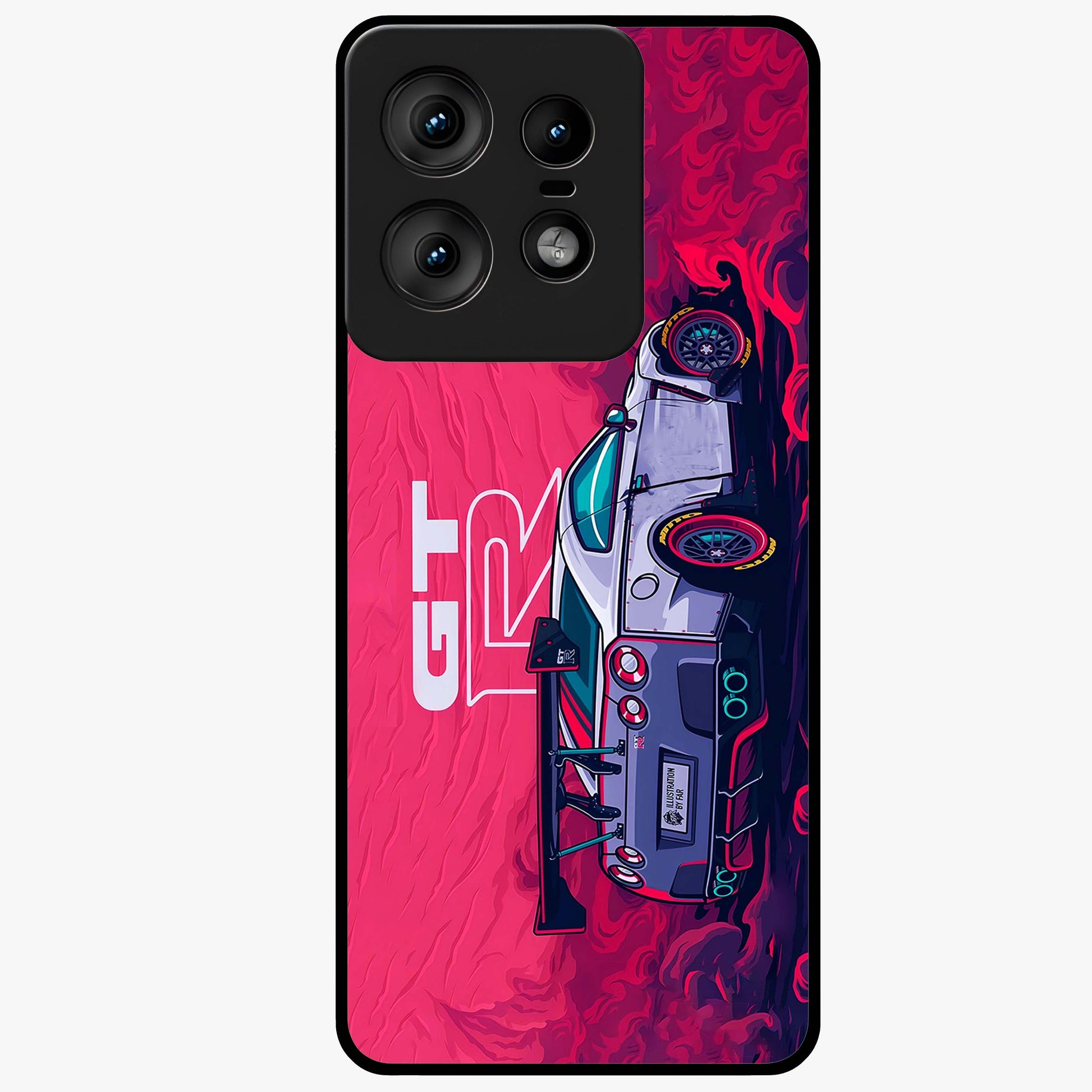 GT-R Car Pattern Glass Case showing flat back view with sporty car inspired pattern artwork and glossy glass finish.