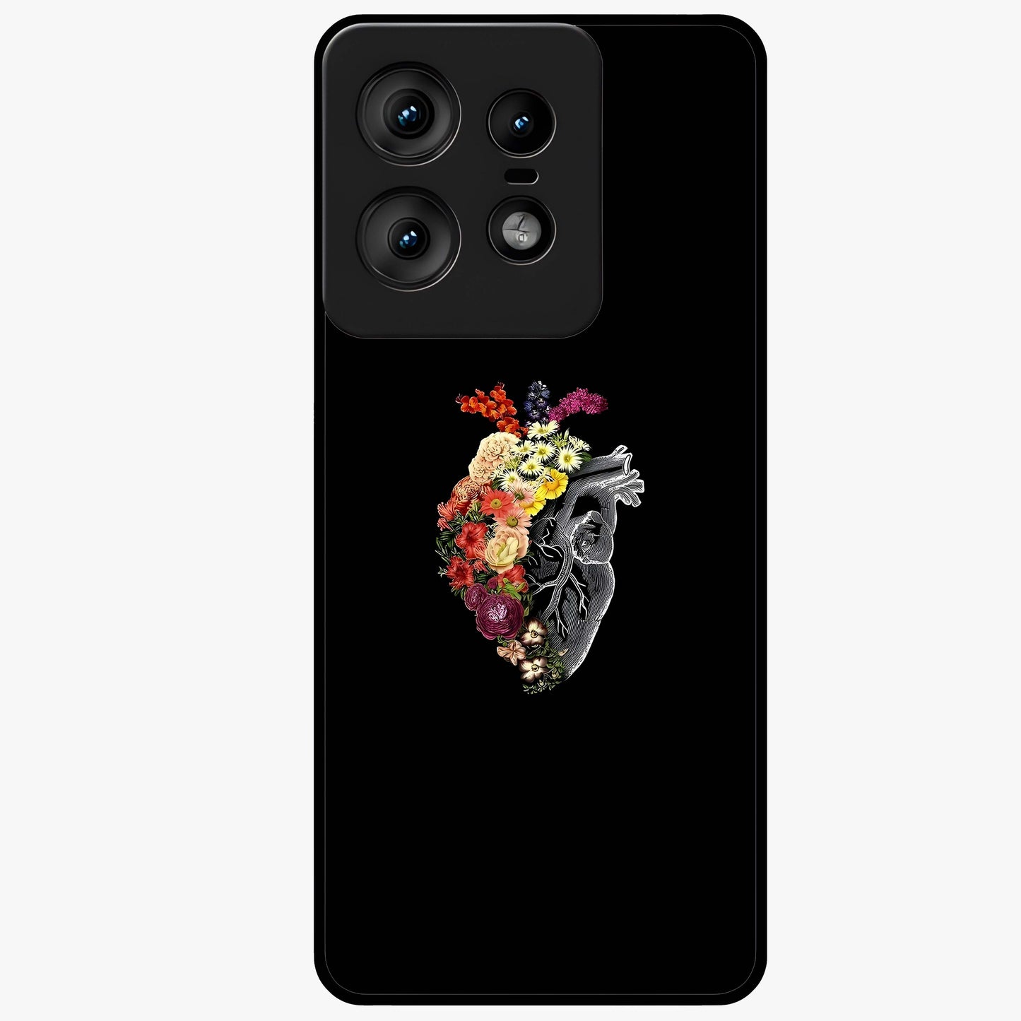 Heart With Flowers Glass Case showing flat back view with heart shaped floral artwork and glossy glass finish.