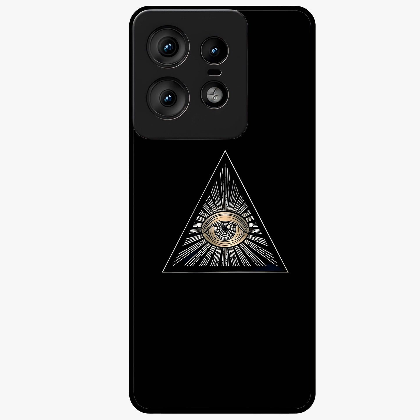 Illuminati Evil Glass Case showing flat back view with mysterious illuminati symbol artwork and glossy glass finish.