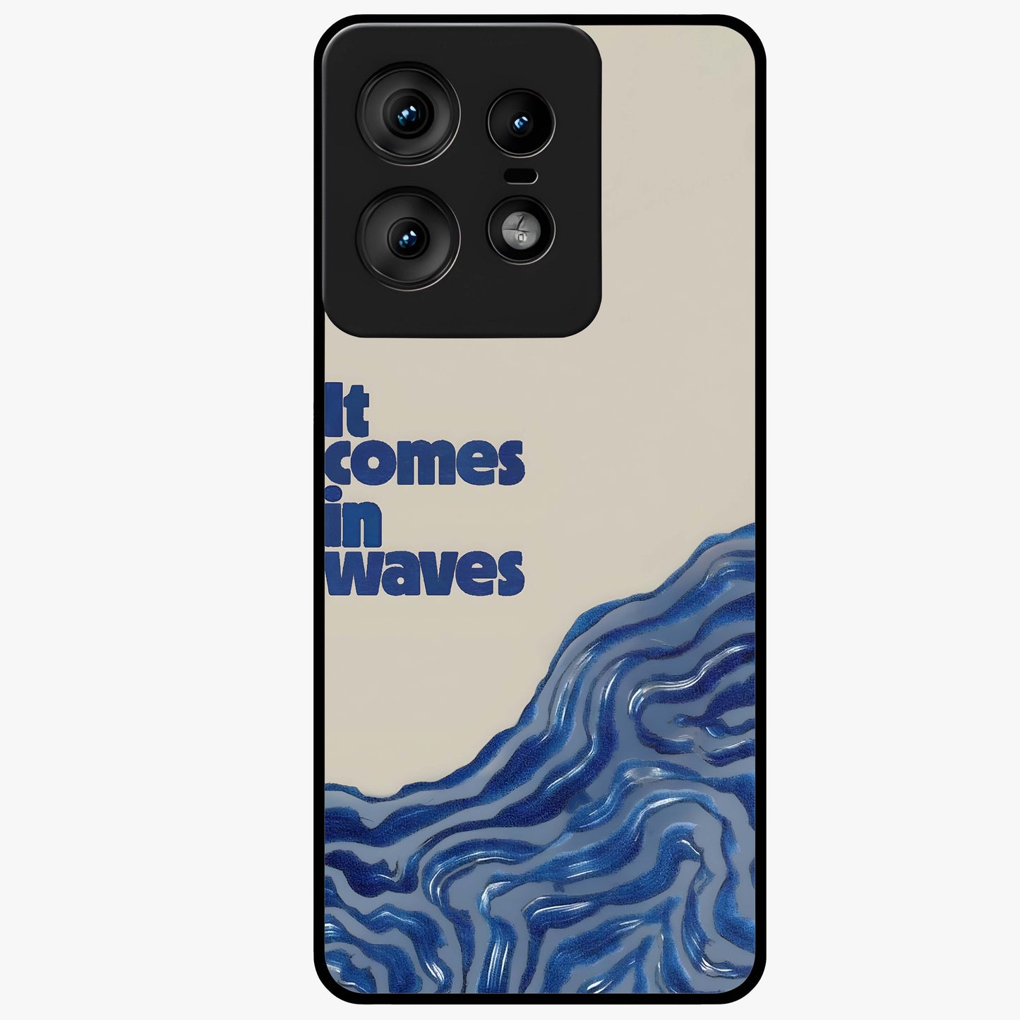 It Comes In Waves Quote Glass Case showing flat back view with inspirational wave themed quote artwork and glossy glass finish.