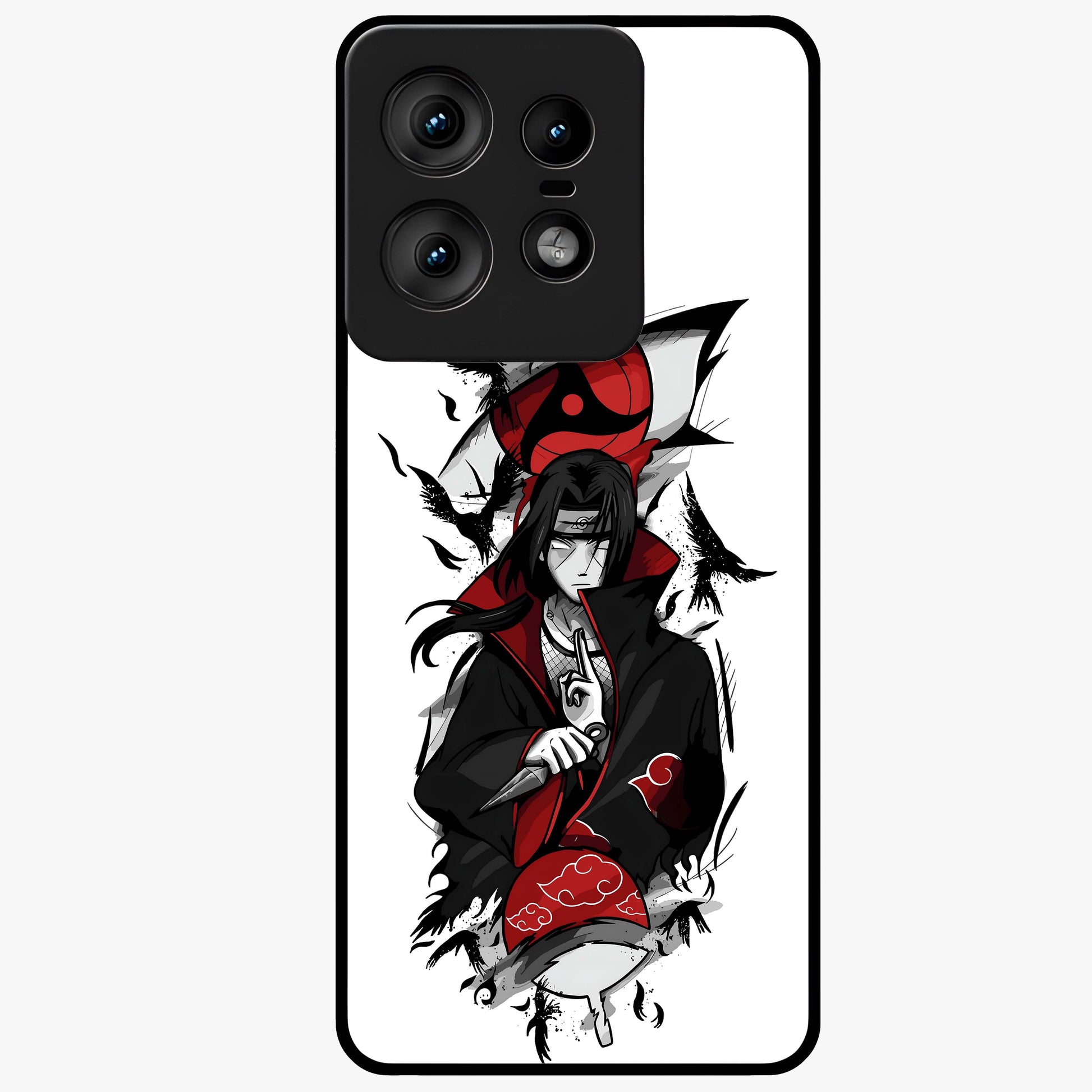 Itachi Sharingan Glass Case showing flat back view with powerful anime eye artwork and glossy glass finish.