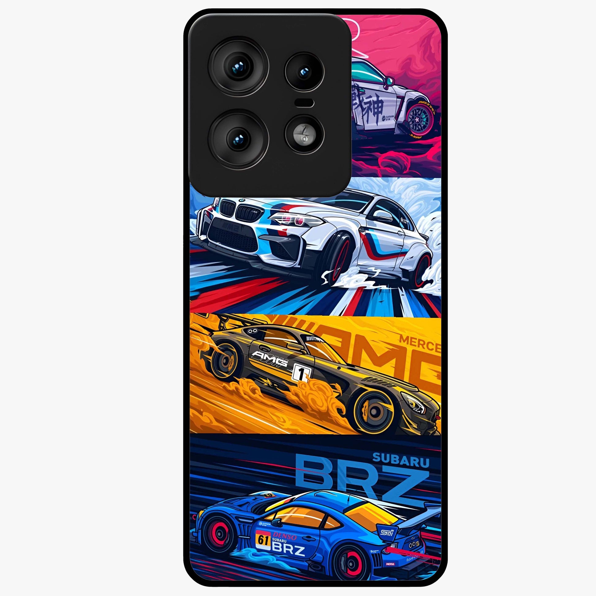 JDM Sports Car Glass Case showing flat back view with high performance sports car artwork and glossy glass finish.