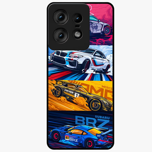 JDM Sports Car Glass Case showing flat back view with high performance sports car artwork and glossy glass finish.