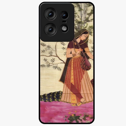 Lady With Veena Art Glass Case showing flat back view with elegant woman playing veena artwork and glossy glass finish.