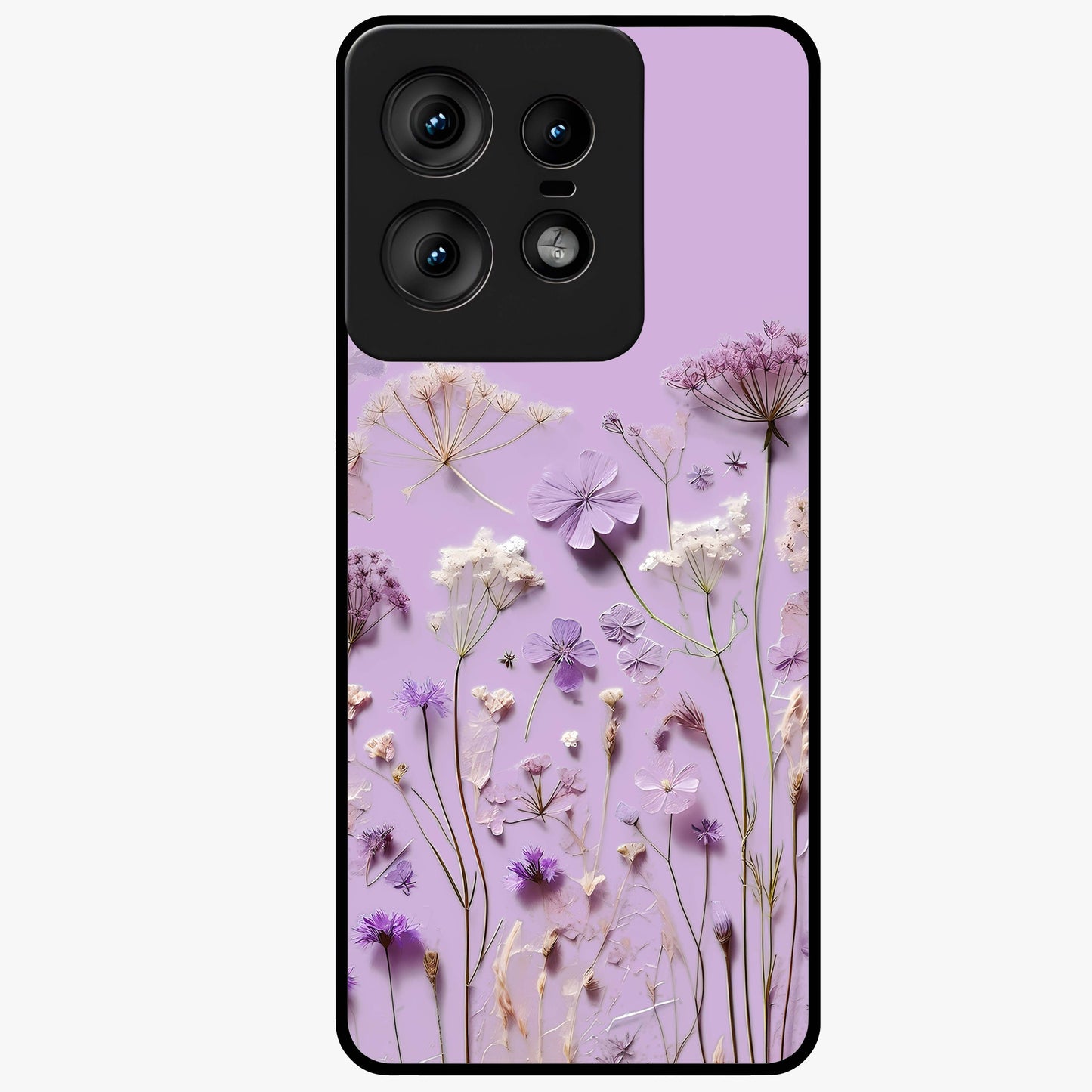 Lavender Blossom Dream Glass Case showing flat back view with soft lavender floral artwork and glossy glass finish.