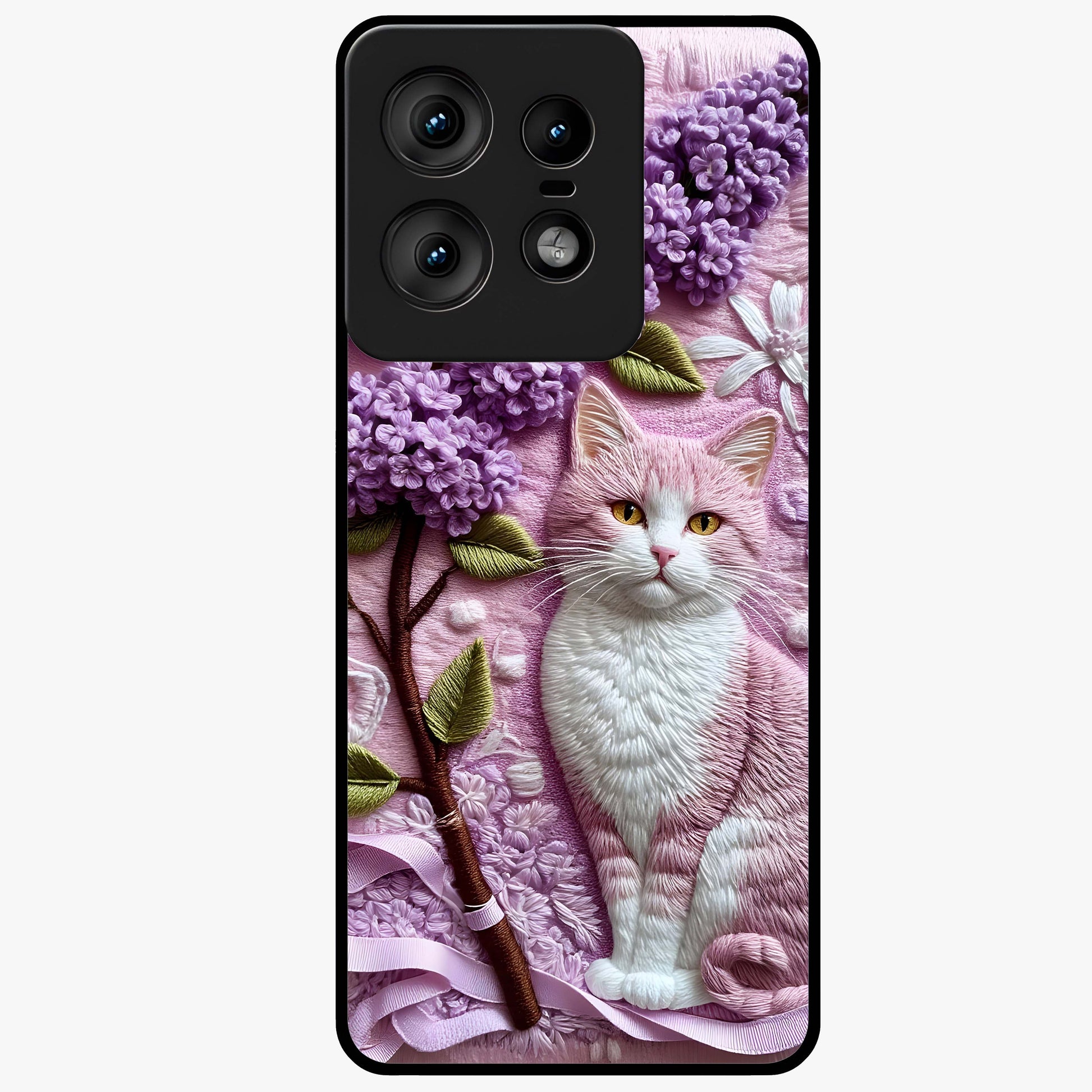 Lavender Cat Whimsy Glass Case showing flat back view with cute lavender cat artwork and glossy glass finish.