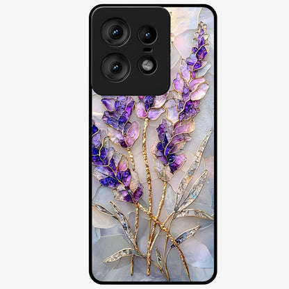 Lavender Dream Glow Glass Case showing flat back view with glowing lavender aesthetic artwork and glossy glass finish.