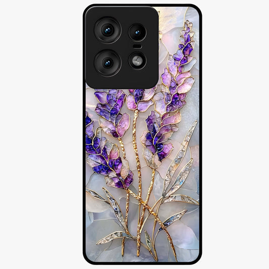 Lavender Dream Glow Glass Case showing flat back view with glowing lavender aesthetic artwork and glossy glass finish.