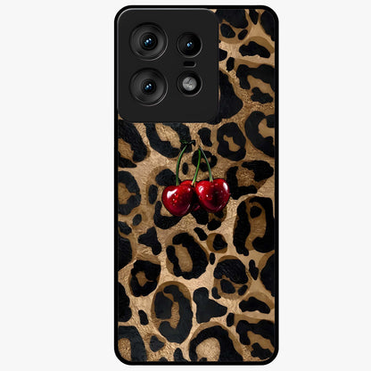 Leopard Wild Cherry Glass Case showing flat back view with leopard pattern and cherry artwork and glossy glass finish.