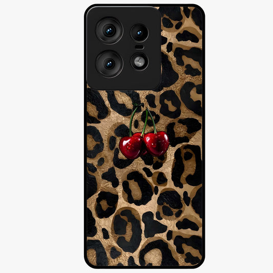Leopard Wild Cherry Glass Case showing flat back view with leopard pattern and cherry artwork and glossy glass finish.