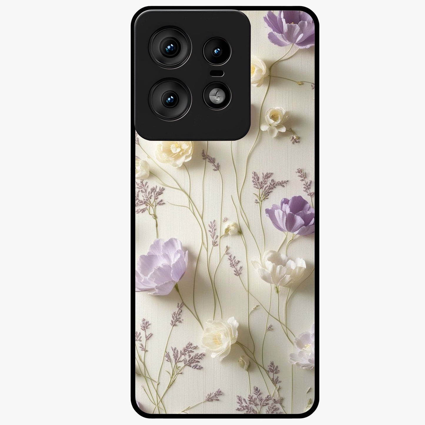 Lilac Breeze Harmony Glass Case showing flat back view with soft lilac themed artwork and glossy glass finish.