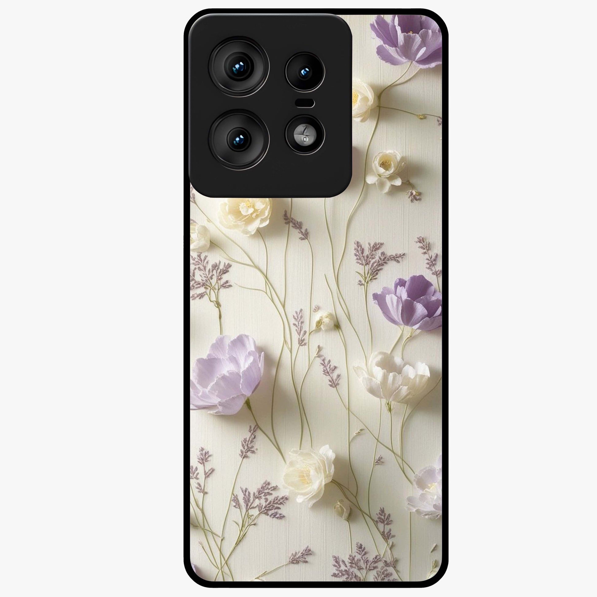 Lilac Breeze Harmony Glass Case showing flat back view with soft lilac themed artwork and glossy glass finish.