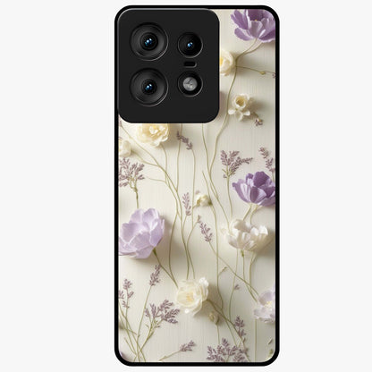 Lilac Breeze Harmony Glass Case showing flat back view with soft lilac themed artwork and glossy glass finish.