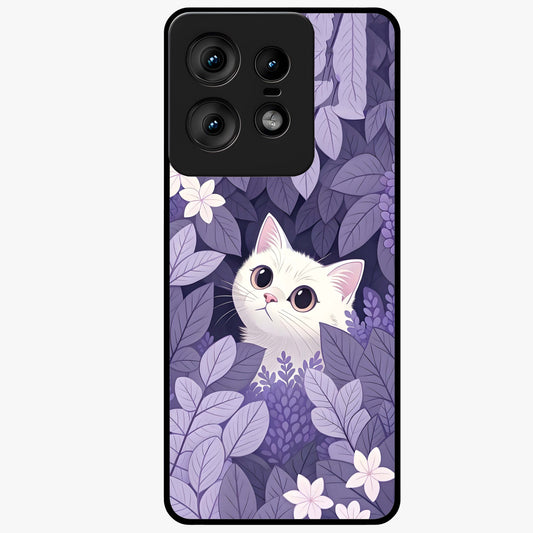 Lilac Hide Peek Cat Glass Case showing flat back view with cute peeking cat artwork and glossy glass finish.