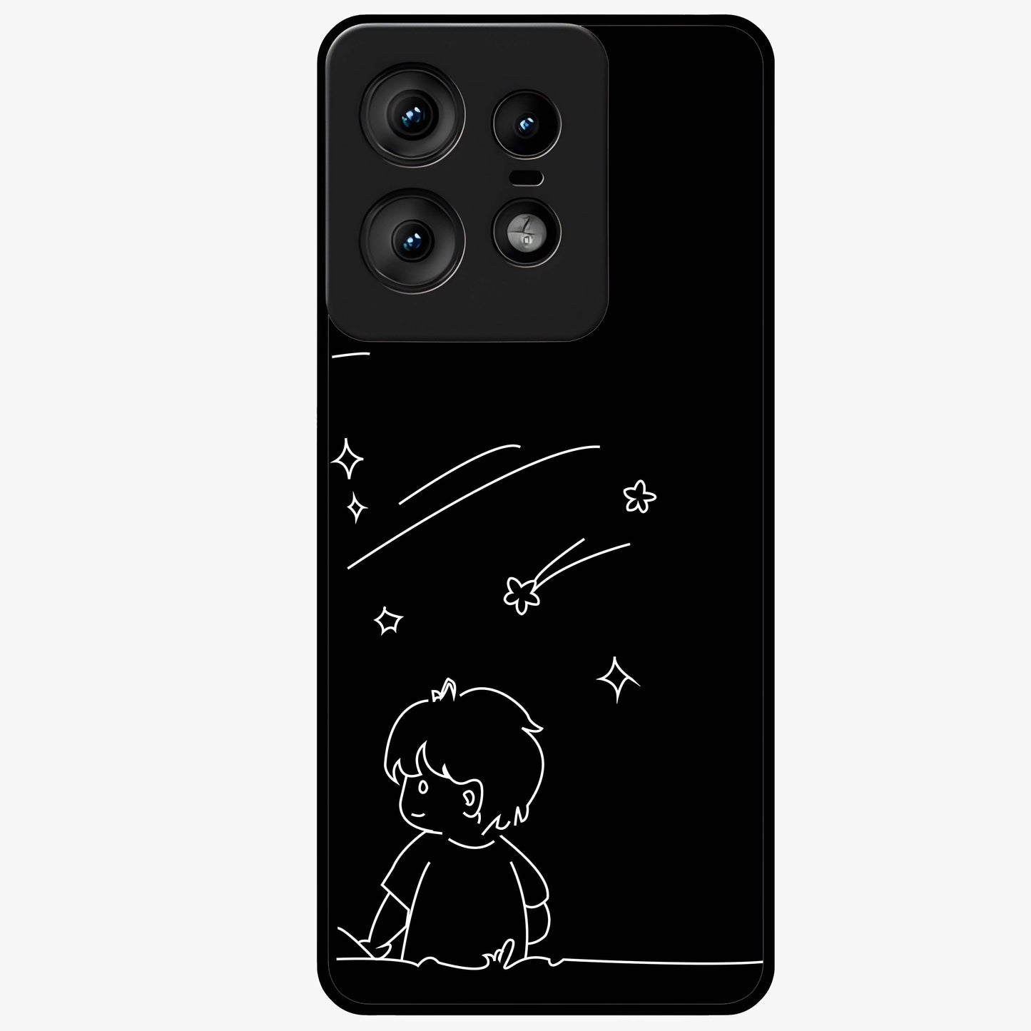 Line Art Boy With Shooting Stars Glass Case showing flat back view with minimal line art boy and shooting stars illustration and glossy glass finish.