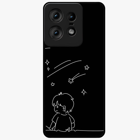 Line Art Boy With Shooting Stars Glass Case showing flat back view with minimal line art boy and shooting stars illustration and glossy glass finish.