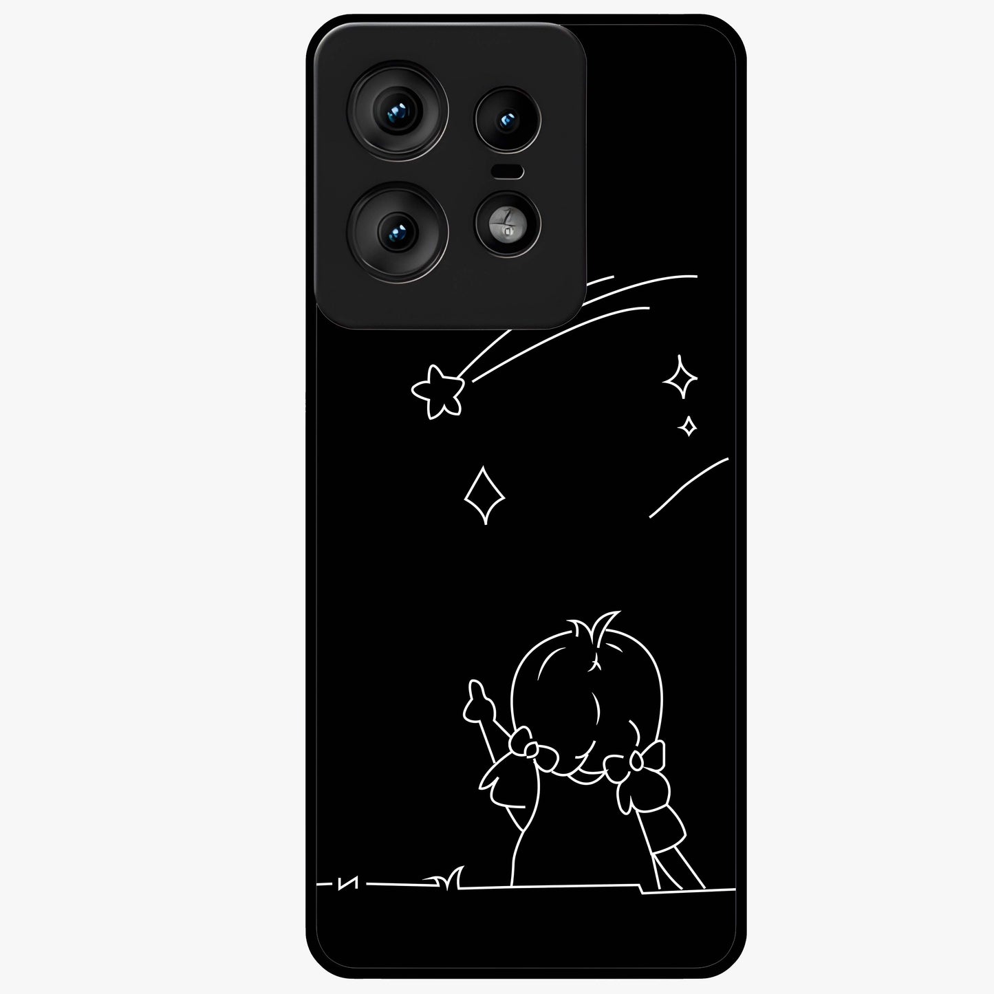 Line Art Girl With Shooting Stars Glass Case showing flat back view with minimal line art girl and shooting stars illustration and glossy glass finish.
