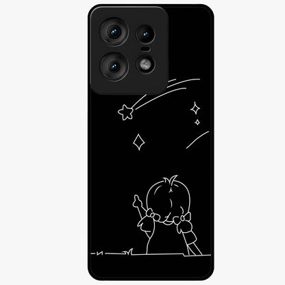 Line Art Girl With Shooting Stars Glass Case showing flat back view with minimal line art girl and shooting stars illustration and glossy glass finish.