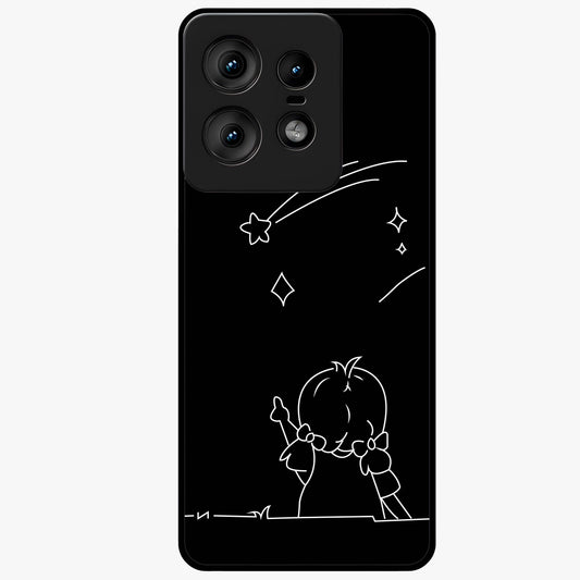 Line Art Girl With Shooting Stars Glass Case showing flat back view with minimal line art girl and shooting stars illustration and glossy glass finish.