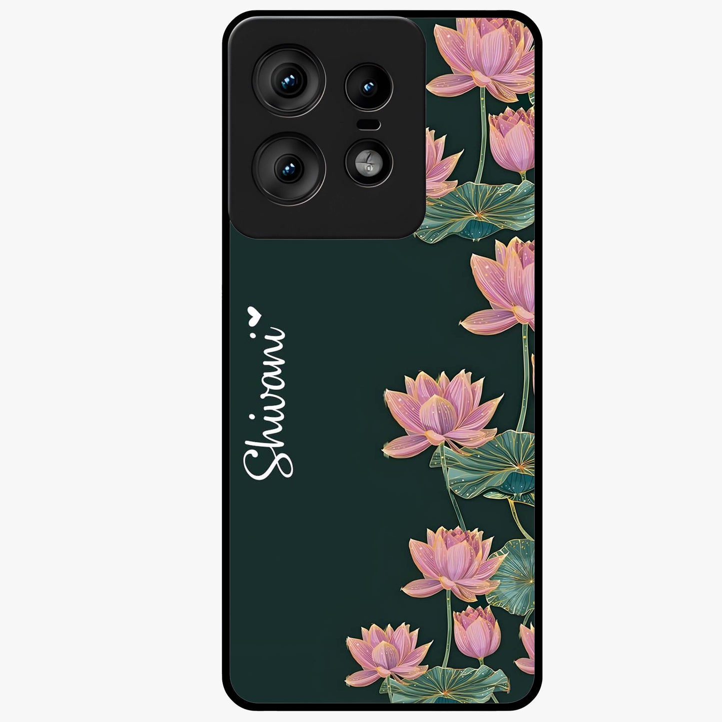 Lotus Bloom Serenity Custom Name Glass Case showing flat back view with elegant lotus flower artwork and personalized name design.