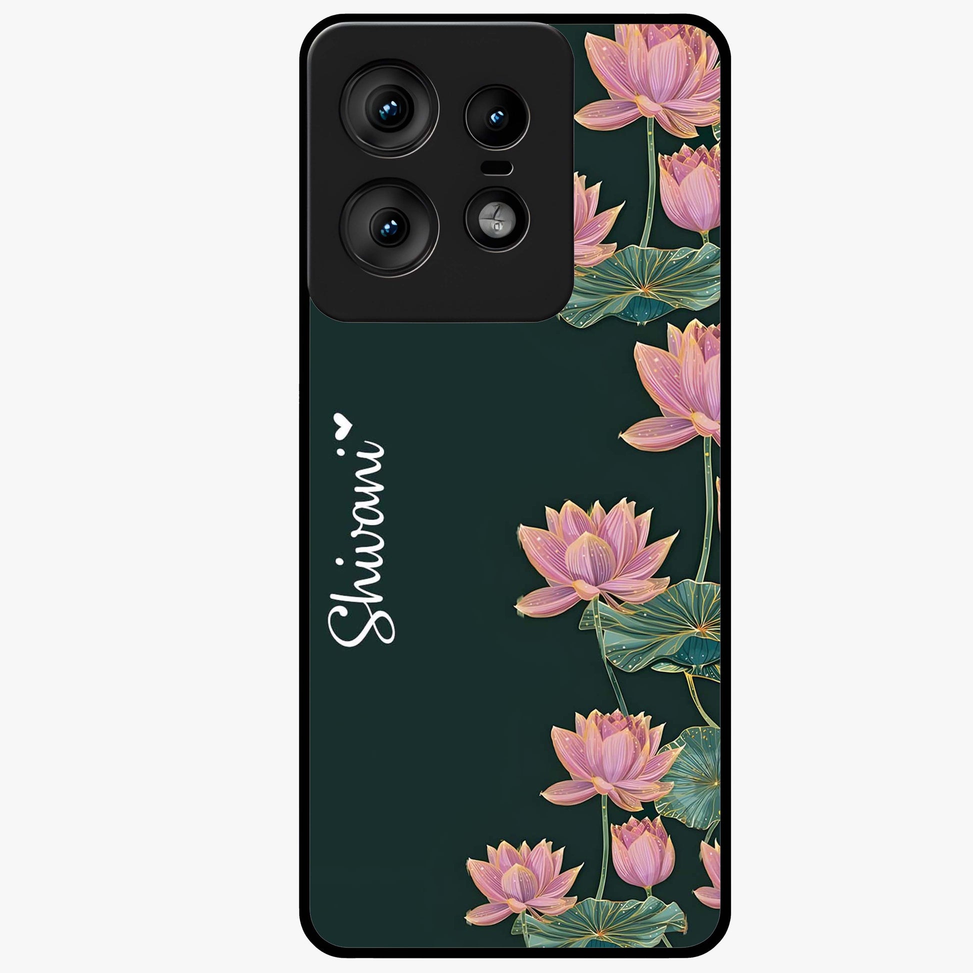 Lotus Bloom Serenity Custom Name Glass Case showing flat back view with elegant lotus flower artwork and personalized name design.