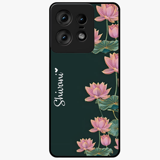 Lotus Bloom Serenity Custom Name Glass Case showing flat back view with elegant lotus flower artwork and personalized name design.
