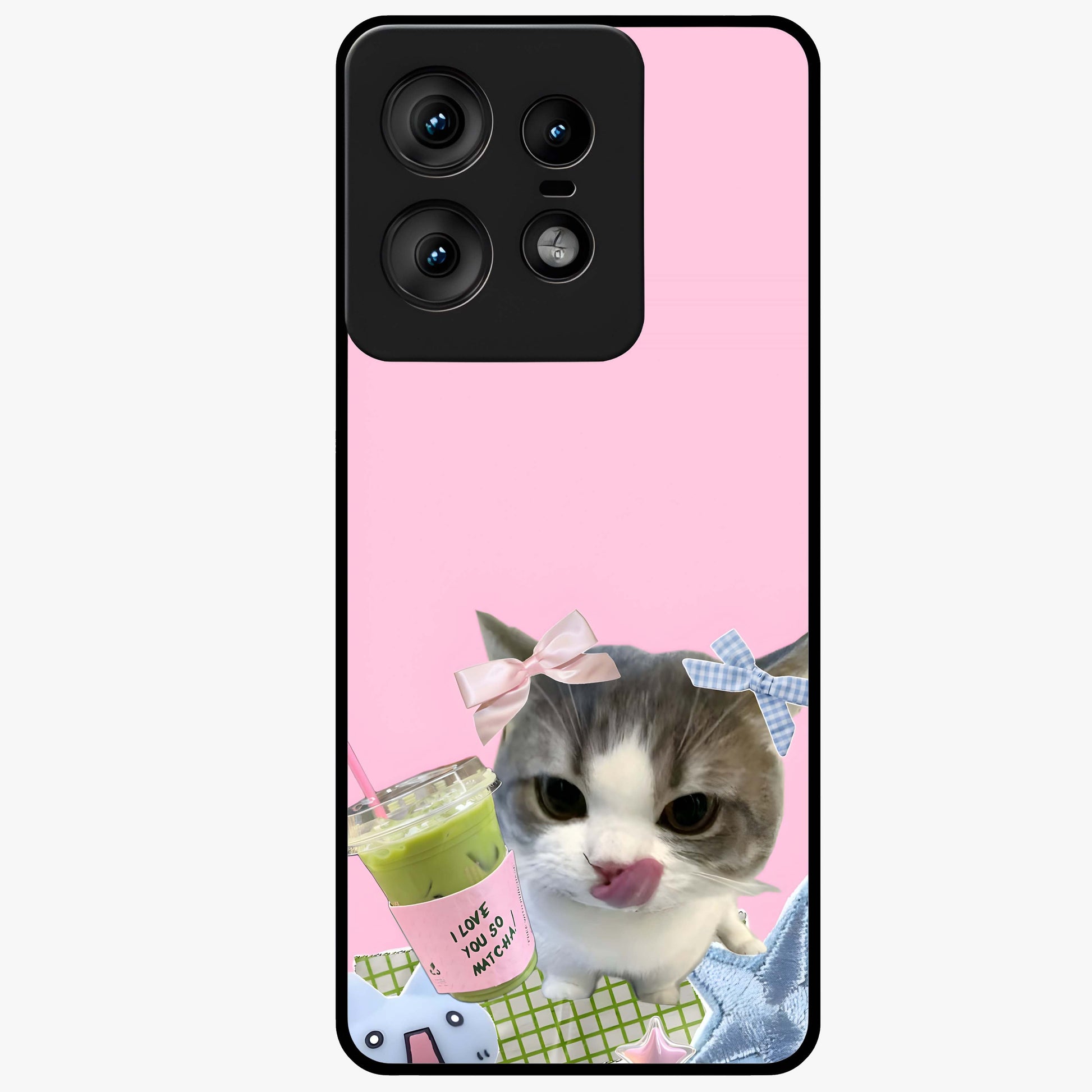 Love Matcha Cat Glass Case showing flat back view with cute cat and matcha themed artwork and glossy glass finish.