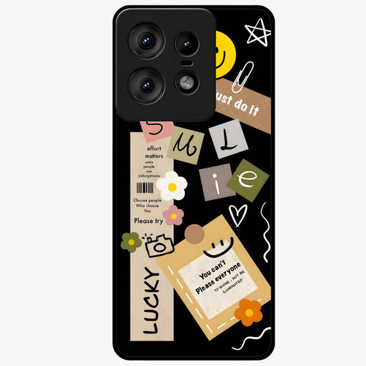 Lucky Aesthetic Collage Glass Case showing flat back view with trendy aesthetic collage artwork and glossy glass finish.