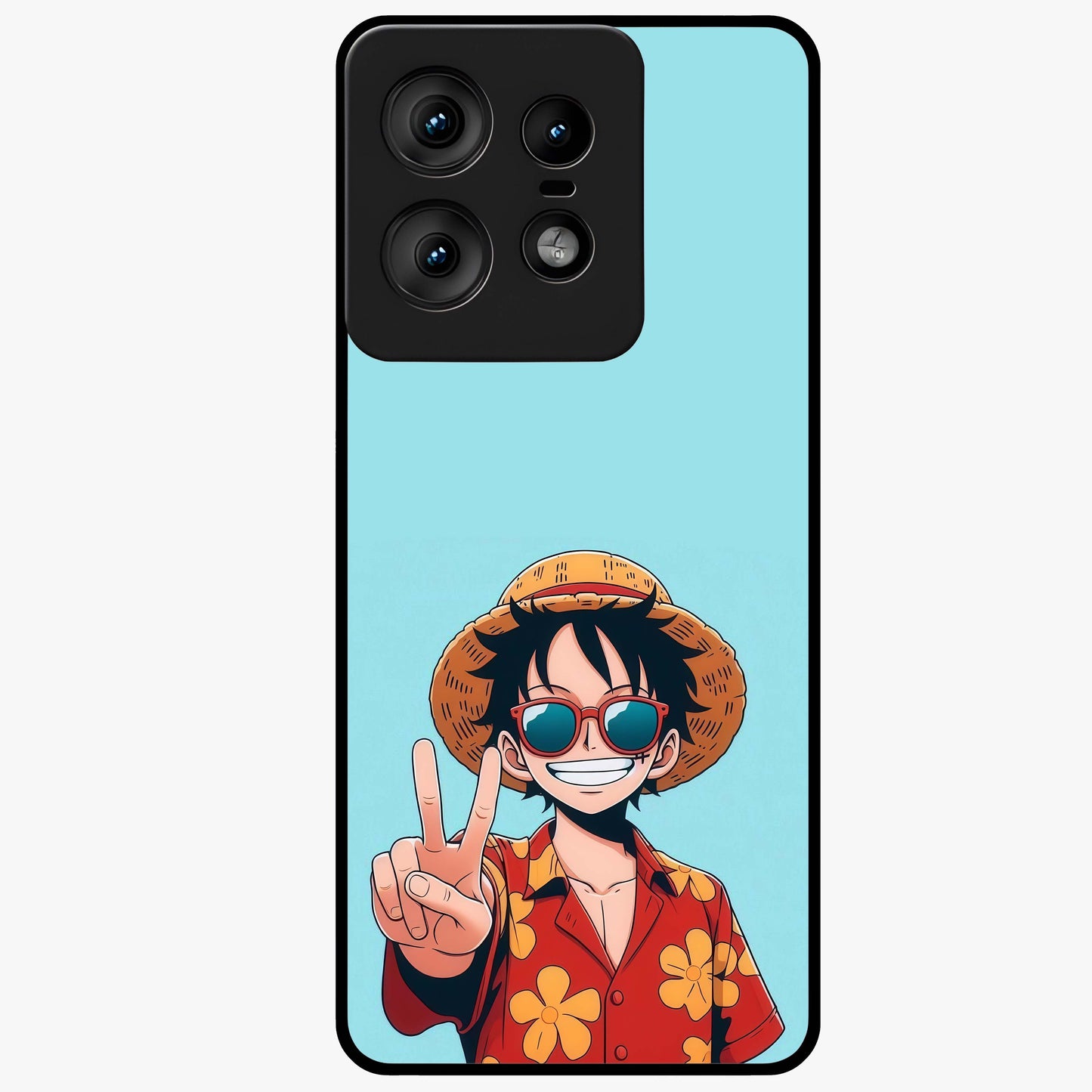 Luffy Summer Anime Vibe Glass Case showing flat back view with vibrant anime character artwork and glossy glass finish.