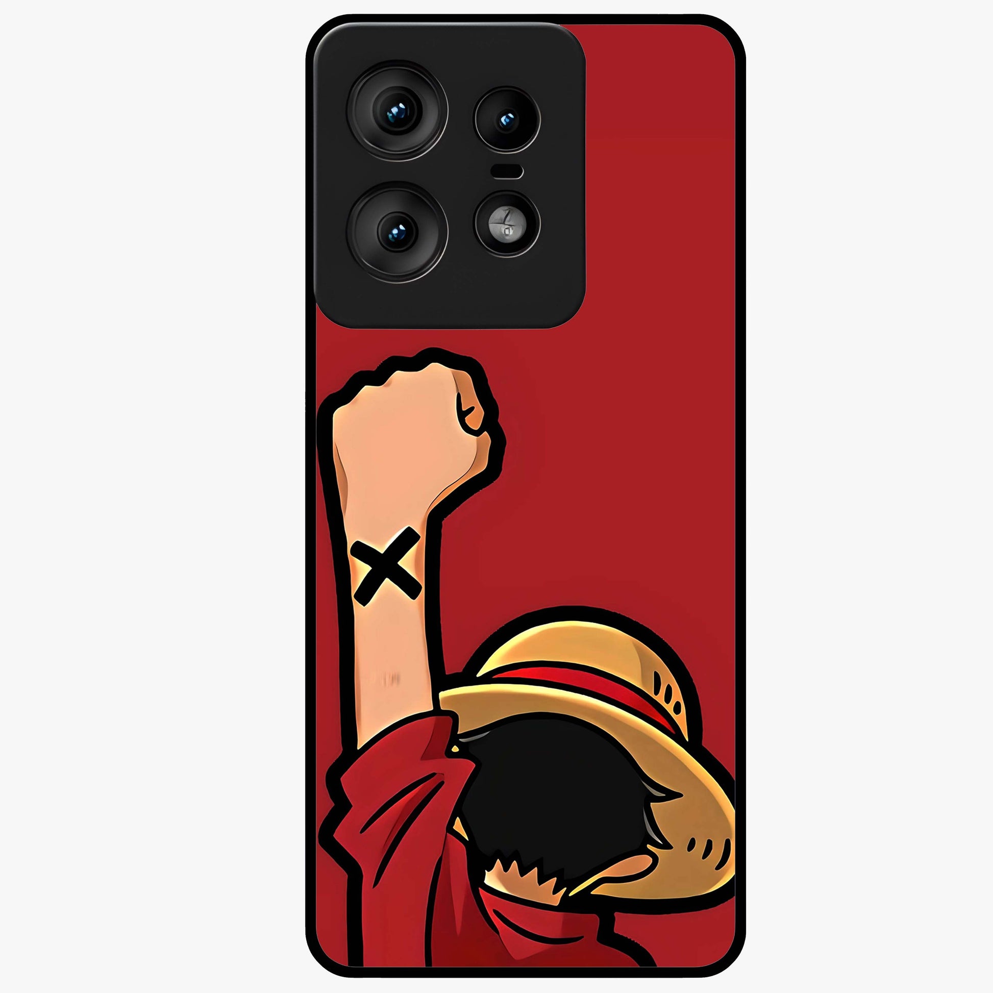 Luffy X Spirit Glass Case showing flat back view with bold anime character artwork and glossy glass finish.