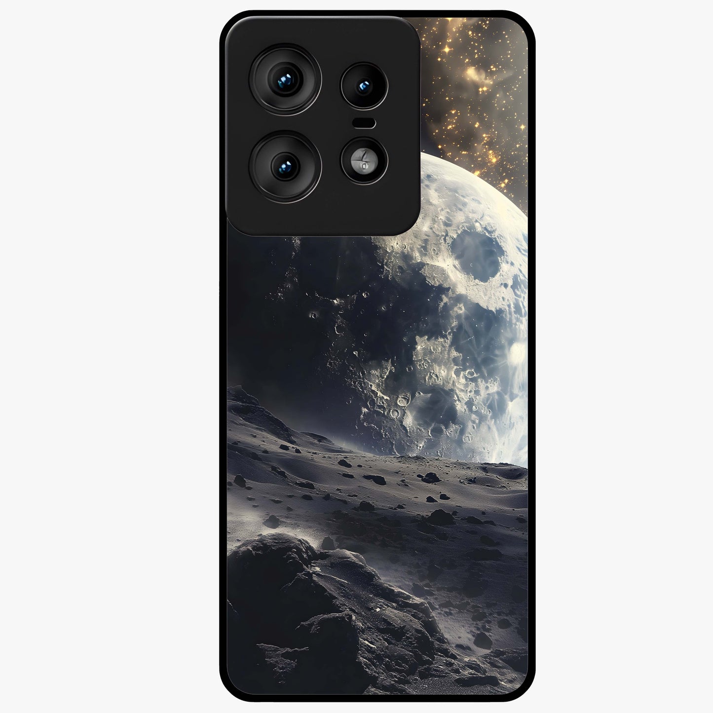 Lunar Horizon Glow Glass Case showing flat back view with glowing moon horizon artwork and glossy glass finish.