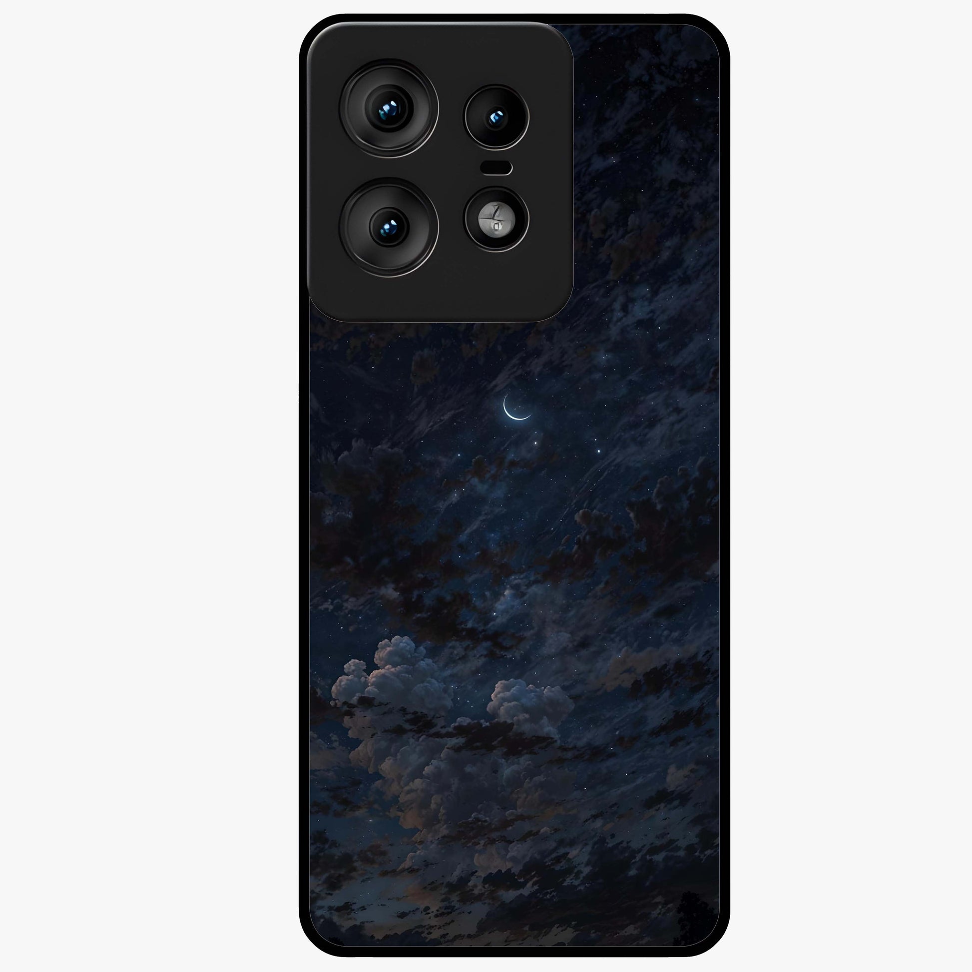 Lunar Veil Silence Glass Case showing flat back view with mystical moon veil artwork and glossy glass finish.