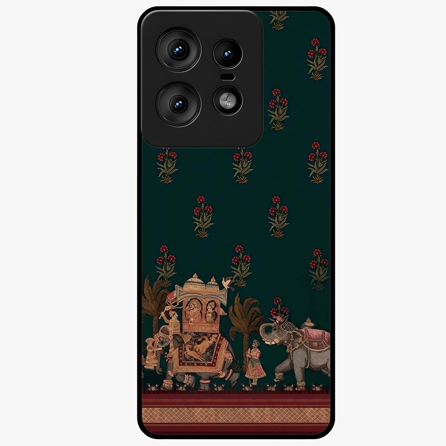 Macmerise Glass Case showing flat back view with stylish modern artwork and glossy glass finish.