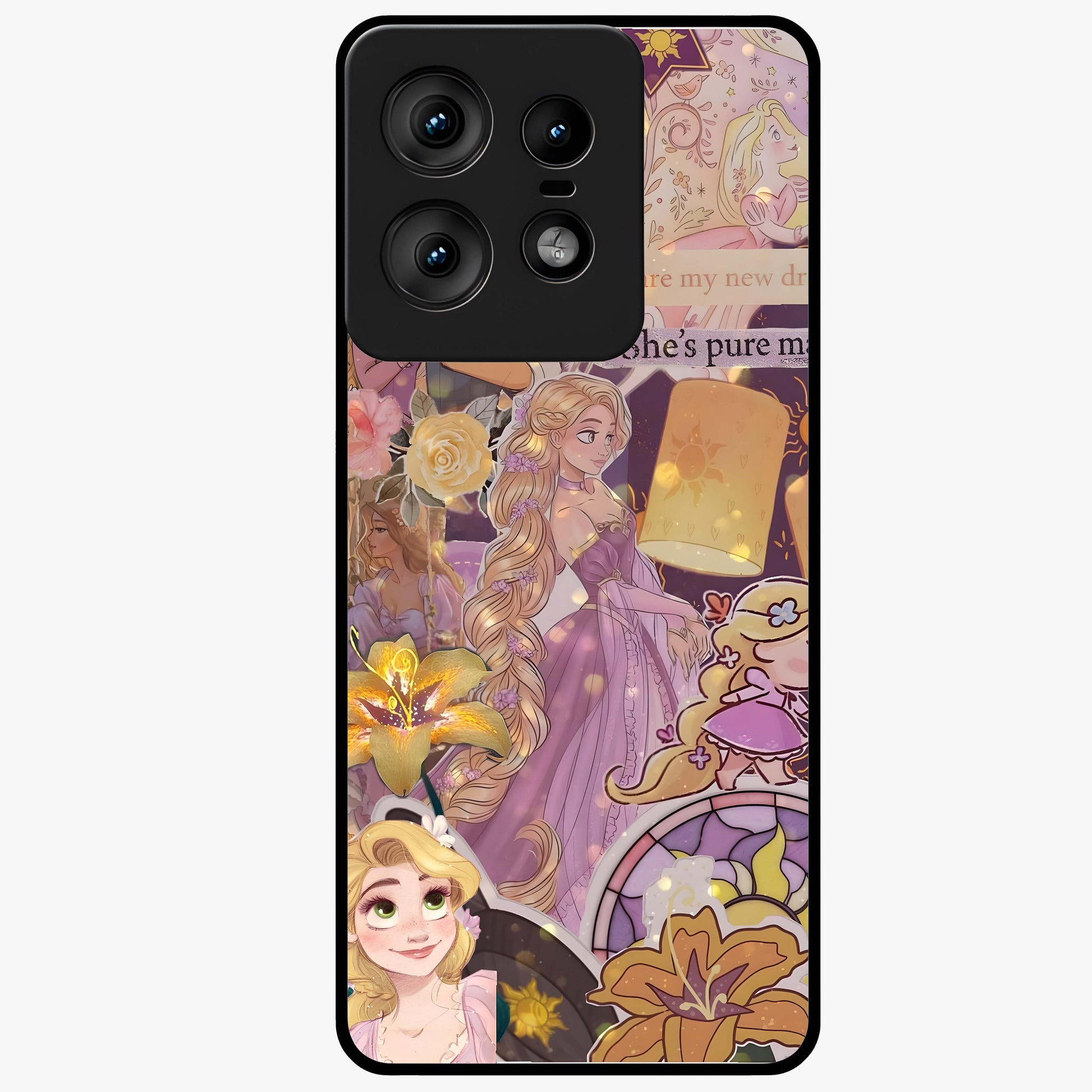 Magical Tangled Dream Glass Case showing flat back view with dreamy tangled artwork and glossy glass finish.