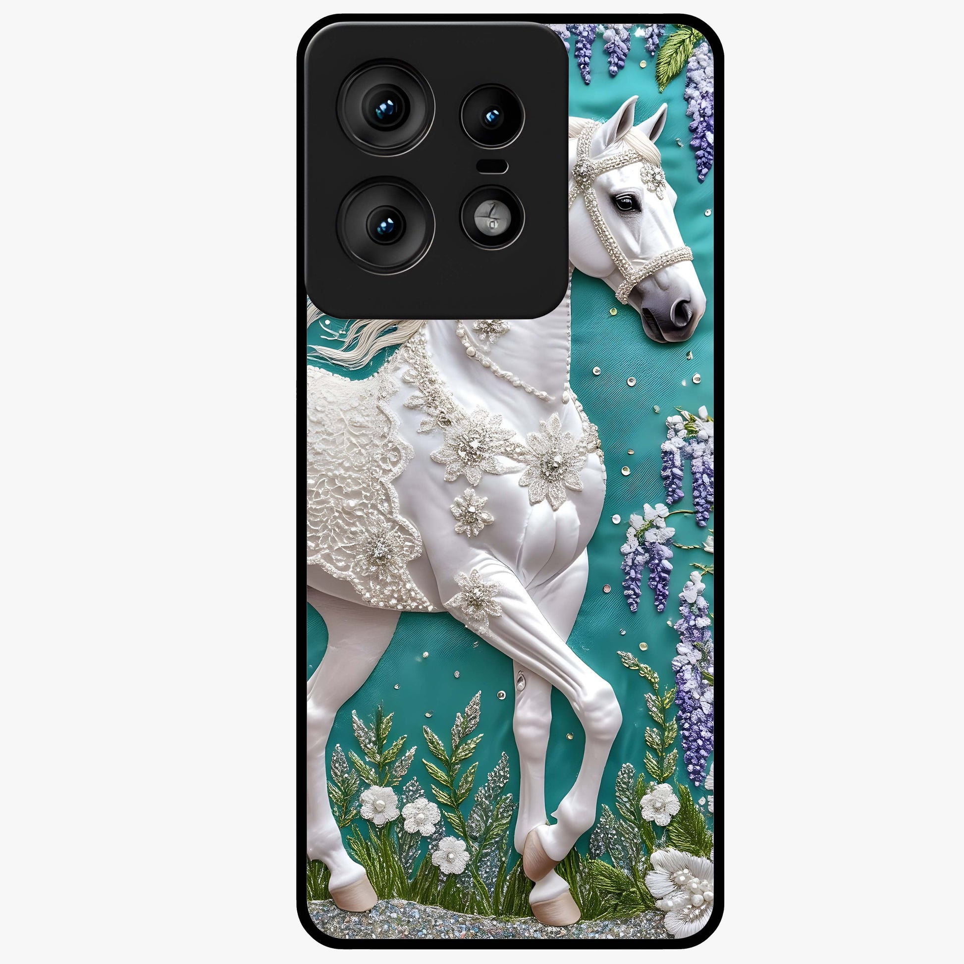 Majestic Floral Stallion Glass Case showing flat back view with powerful horse and floral artwork and glossy glass finish.