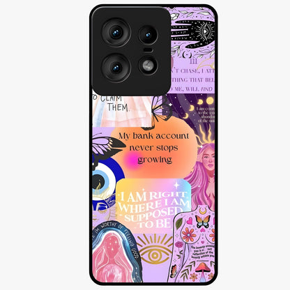 Manifestation Collage Glass Case showing flat back view with motivational collage artwork and glossy glass finish.