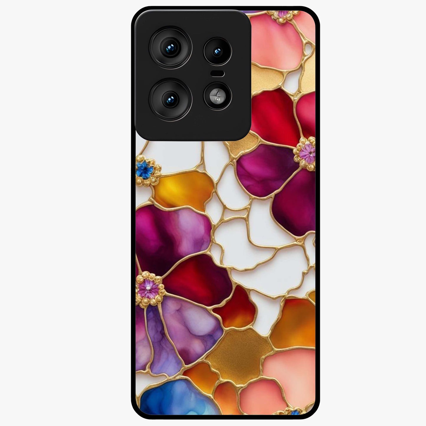 Marble Flower Pattern Glass Case showing flat back view with marble texture floral artwork and glossy glass finish.