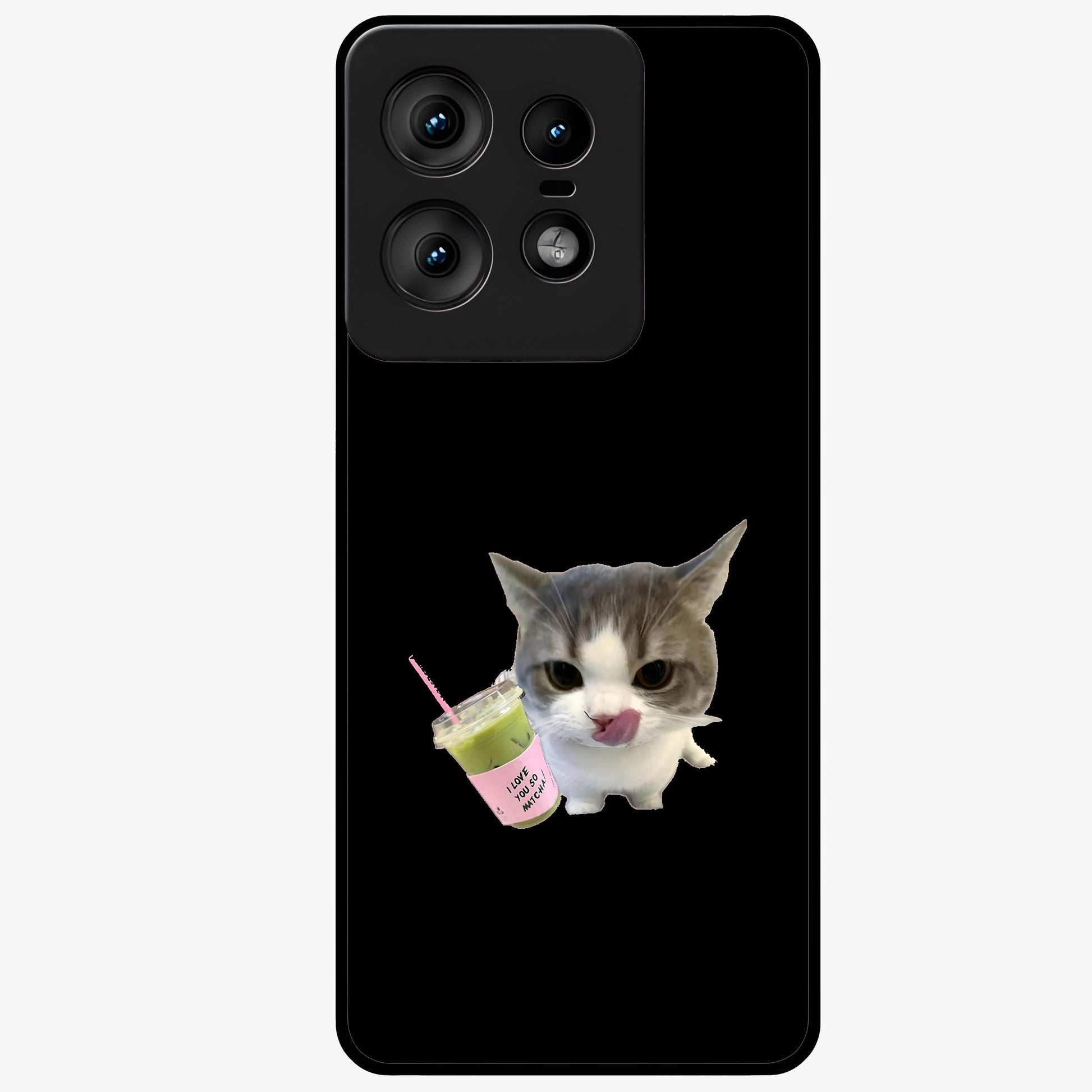 Matcha Cat Style Glass Case showing flat back view with cute matcha themed cat artwork and glossy glass finish.