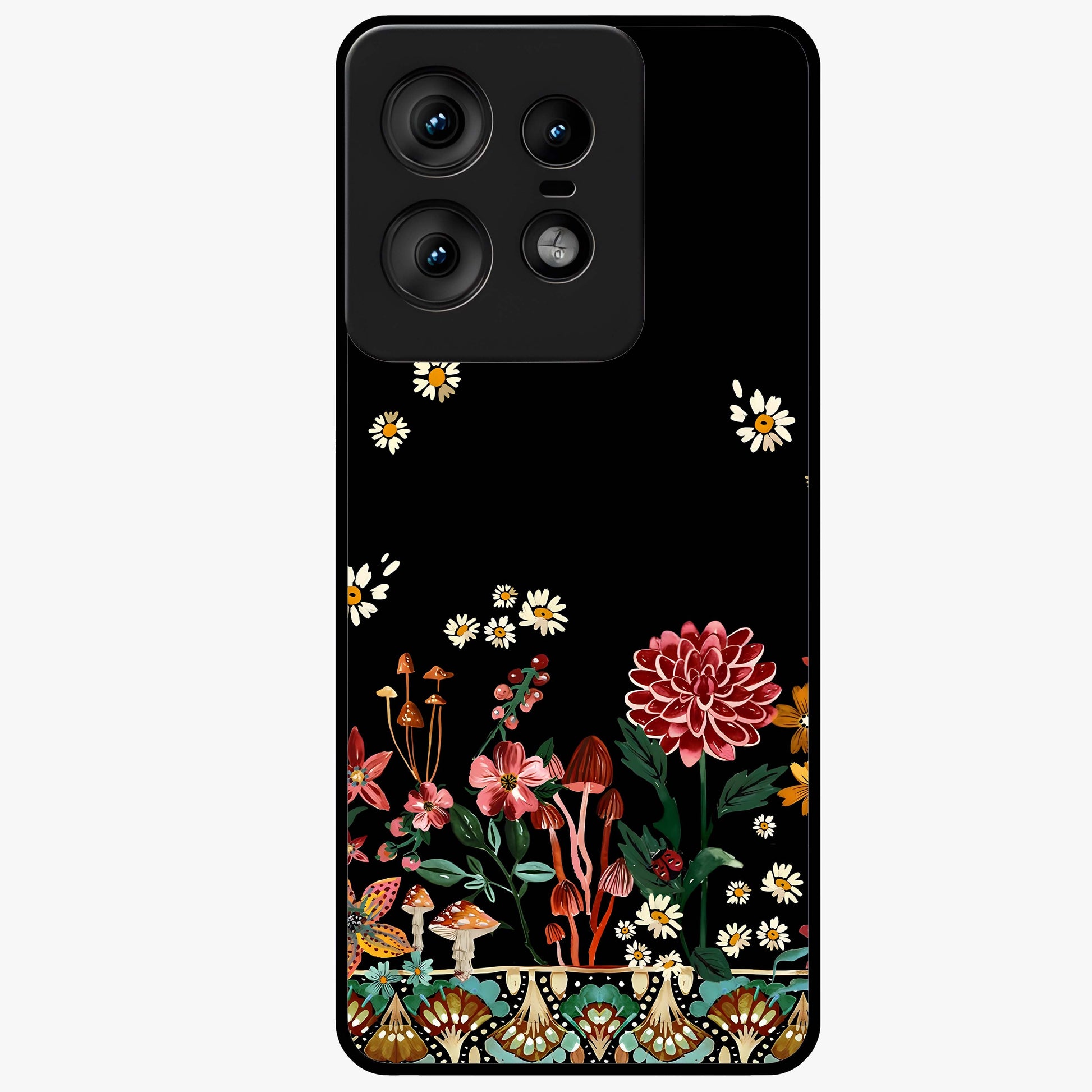 Midnight Bloom Pattern Glass Case showing flat back view with dark floral pattern artwork and glossy glass finish.