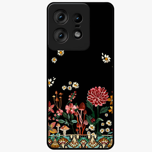 Midnight Bloom Pattern Glass Case showing flat back view with dark floral pattern artwork and glossy glass finish.