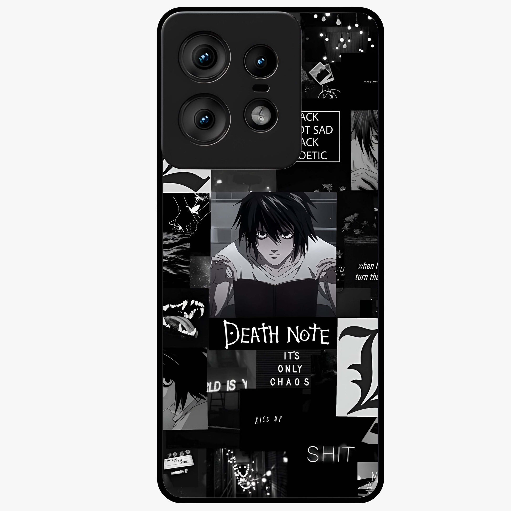 Midnight Chaos Mind Glass Case showing flat back view with abstract dark themed artwork and glossy glass finish.