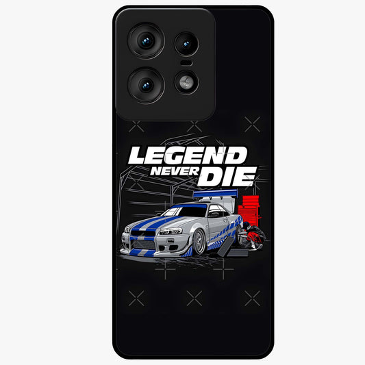 Midnight Racing Legacy Glass Case showing flat back view with sleek racing inspired artwork and glossy glass finish.