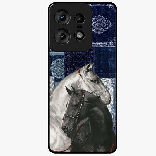 Midnight Stallion Blues Glass Case showing flat back view with majestic horse artwork and glossy glass finish.