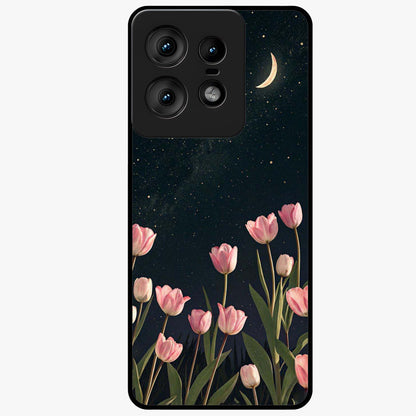 Midnight Tulip Whispers Vibe Glass Case showing flat back view with elegant tulip flower artwork and glossy glass finish.